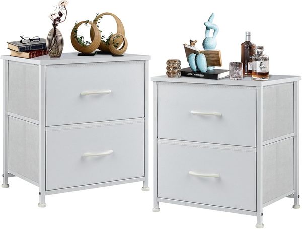 DUMOS Nachttisch 2er Set Beistelltisch Stoff Schubladenschrank Schmal Schrank Kommode Schlafzimmer Industrial Stil für Wohnzimme Kinderzimmer Flur Aufbewahrungsschrank