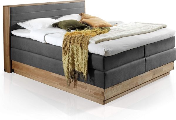 Möbel-Eins MENOTA Boxspringbett mit Bettkasten, massivem Holzrahmen und Bezug im Vintage Look grau 160x200 cm Härtegrad 2