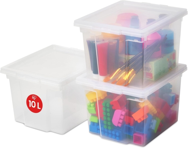 Iris Ohyama Vielseitige Aufbewahrungsbox mit Deckel, Stapelboxen, 10L, 3er-Set, Transparent, Stapelbar, Plastik, Für Schrank, Regale, Organisation, Kleidung, Bettlaken, Plastikbox mit Deckel, USB-S