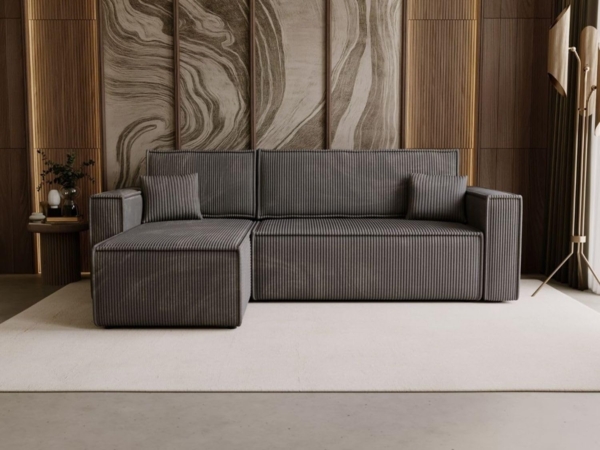 GrainGold Ecksofa mit Schlaffunktion und Bettkasten PRATO L - 253x145 cm, Dunkelgrau, verstellbare Kopfstützen
