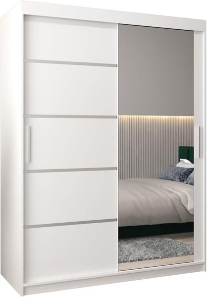 Kryspol Schwebetürenschrank Verona 2-150 cm mit Spiegel Kleiderschrank mit Kleiderstange und Einlegeboden Schlafzimmer- Wohnzimmerschrank Schiebetüren Modern Design (Weiß)
