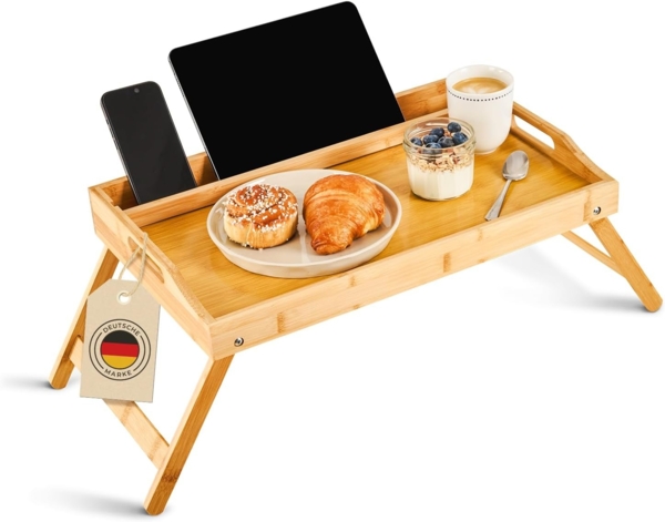 Blumtal Tabletttisch Betttablett aus Bambus mit Holzstrebe für Tablets/Handys, Frühstückstablett fürs Bett - Betttisch klappbar 50 x 30 x 6 cm