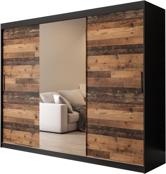 Kryspol Schiebetürenschrank Old Style T1 250 cm Kleiderschrank mit Spiegel Einlegeboden Schlafzimmer- Wohnzimmerschrank Schiebetüren Modern Design (Schubladen: 4)