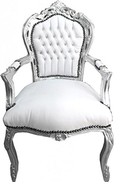 Casa Padrino Barock Esszimmer Stuhl mit Armlehnen Weiß / Silber Lederoptik - Möbel Antik Stil