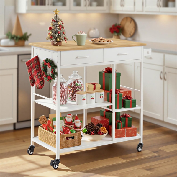 VASAGLE Küchenwagen mit Rollen, mobiler Servierwagen mit Stauraum, Kücheninsel, 45 x 98,7 x 90 cm, 2 Schubladen, 2 Haken, für Esszimmer, eichenbeige-mattweiß