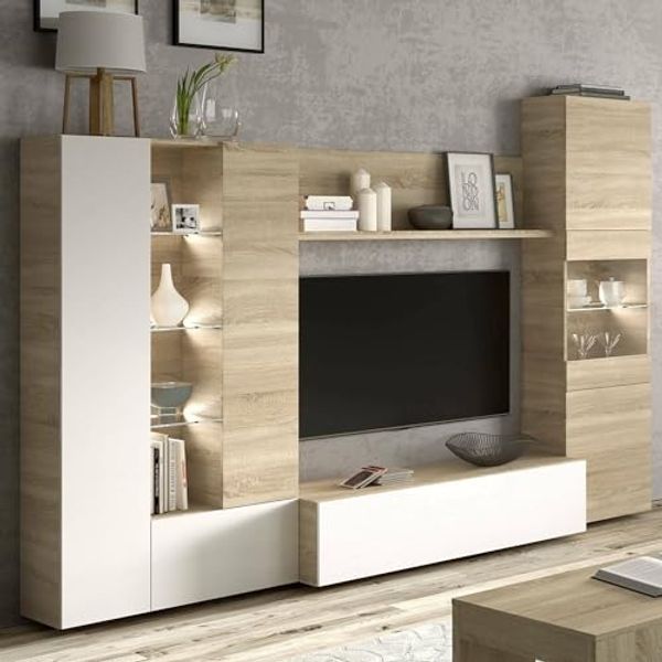 Habitdesign, Moderne Wohnwand 260 cm breit, TV-Möbel in kanadischer Eiche und Weiß Hochglanz, kompaktes Wohnzimmer-Set mit viel Stauraum, Maße: 260 x 185 x 42 cm (B x H x T), Modell Essential