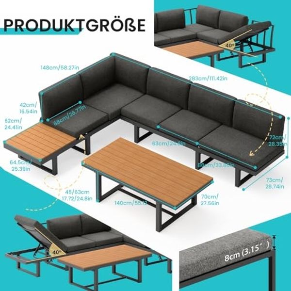 Mucola Gartenlounge-Set Ecklounge mit Liegefunktion Aluminium Essgruppe wetterfest Grau, (wetterfest, resistent gegen Regen, Salzwasser und intensive Sonneneinstrahlung, Kissen inkl. Reißverschluss, daher abnehm- und waschbar), inkl. praktischem seitli... Bild 7