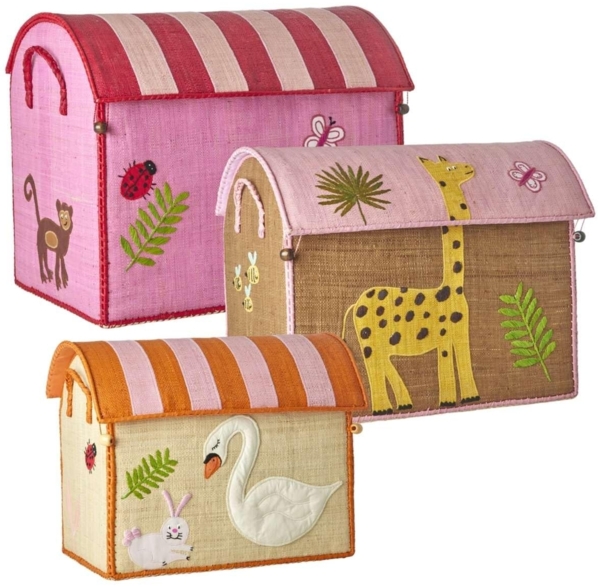 RICE Aufbewahrungskorb Wildlife klein | Handgefertigter Raffia-Korb mit Tiermotiven, orange-rosa Klappdeckel & Griffen | Spielzeugkorb Kinderzimmer 35 x 23 x 30 cm Bild 2