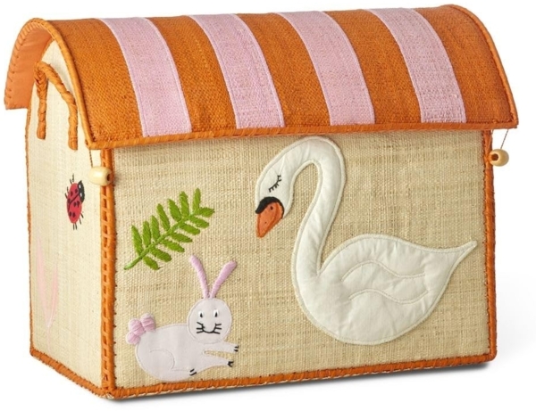 RICE Aufbewahrungskorb Wildlife klein | Handgefertigter Raffia-Korb mit Tiermotiven, orange-rosa Klappdeckel & Griffen | Spielzeugkorb Kinderzimmer 35 x 23 x 30 cm Bild 1