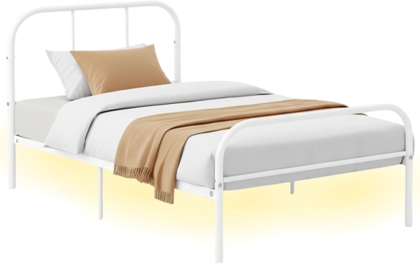 FurnitureR Metall Einzelbett 90×200 cm mit LED Streifen, 20 Farben Unterbett Beleuchtung, stabiles Plattformbett mit Lattenrost, perfekt für Schlafzimmer & Jugendzimmer, bis 150 kg belastbar, Weiß M