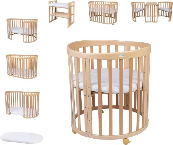 Waldin Oval Babybett Mitwachsend Komplett Set 7in1 - Baby Gitterbett mit Matratze - Babybetten mit Wickelkommode - Baby Bett mit Rollen - Mitwachsendes Kinderbett - Baby Bed - Beistellbett Holz