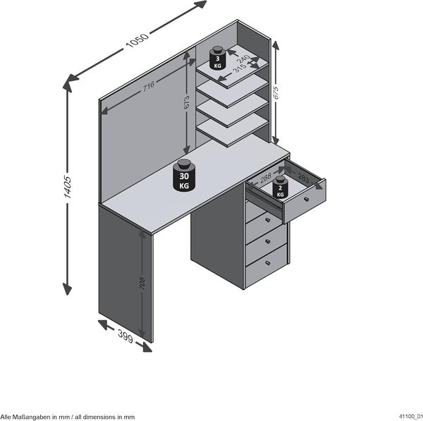 FMD Schminktisch mit Spiegel 105x39,9x140,5 cm Weiß 444225 Bild 6