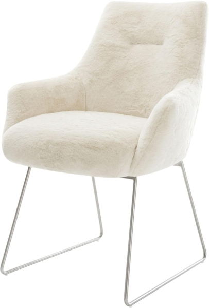 Esszimmerstuhl Alja-Flex mit Armlehnen Plüsch Creme-Weiß Kufengestell Edelstahl Taschenfederkern