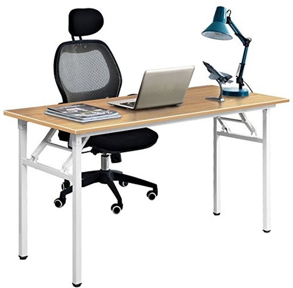 DlandHome Klapptisch Schreibtisch 120x60 cm Holz Schreibtisch Klappbar PC Tisch Laptop Tisch Computertisch Konferenztische Montagefrei Moderner Esstisch für Zuhause, Büro, Picknick Teak/Weiß