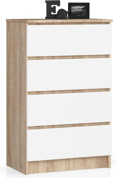 Akord Kommode mit 4 Schubladen Beistellschrank Highboardmodernes Sideboard für Wohnzimmer Esszimmer Schlafzimmer Flur Badezimmer 60 x 99 x 40 cmSonoma Eiche/Weiß Bild 1
