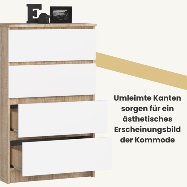 Akord Kommode mit 4 Schubladen Beistellschrank Highboardmodernes Sideboard für Wohnzimmer Esszimmer Schlafzimmer Flur Badezimmer 60 x 99 x 40 cmSonoma Eiche/Weiß Bild 3