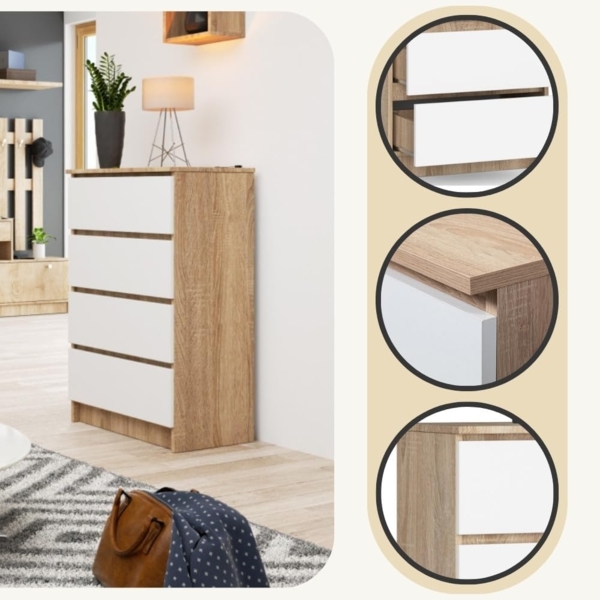 Akord Kommode mit 4 Schubladen Beistellschrank Highboardmodernes Sideboard für Wohnzimmer Esszimmer Schlafzimmer Flur Badezimmer 60 x 99 x 40 cmSonoma Eiche/Weiß Bild 5