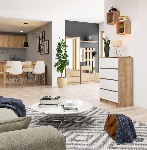 Akord Kommode mit 4 Schubladen Beistellschrank Highboardmodernes Sideboard für Wohnzimmer Esszimmer Schlafzimmer Flur Badezimmer 60 x 99 x 40 cmSonoma Eiche/Weiß Bild 8