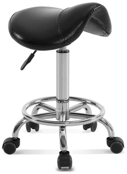 Barberpub Rollhocker Sattelhocker Höhenverstellbar, Bürohocker mit Rollen, Hocker für Arbeitszimmer Office Salon, Ergonomischer Bürostuhl, H110(Schwarz)