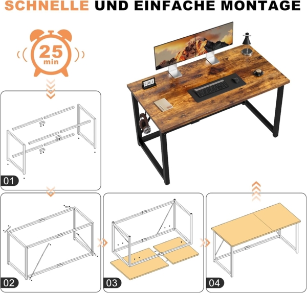 Devoko 120x60 cm Schreibtisch, Study Table, Industrie-Design Desk, Computertisch Klein für Home, Office, Vintage braun Bild 4