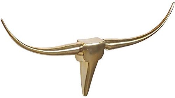 FineBuy Deko Geweih Bull M FB37859 Gold 100 cm Aluminium Design Hörner, Wanddekoration Stierkopf Horn Modern, Wandskulptur Geweih-Jagdtrophäe Metall, Longhorn Wandschmuck Groß