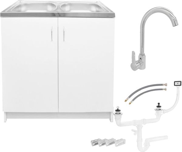 STAMAR Spülenschrank Komplettset 80cm Weiß Doppelspüle Edelstahl Armatur Chrom Siphon Unterschrank stehend Doppelspüle 80x50 Hohe Wasserhahn 33,5cm Set