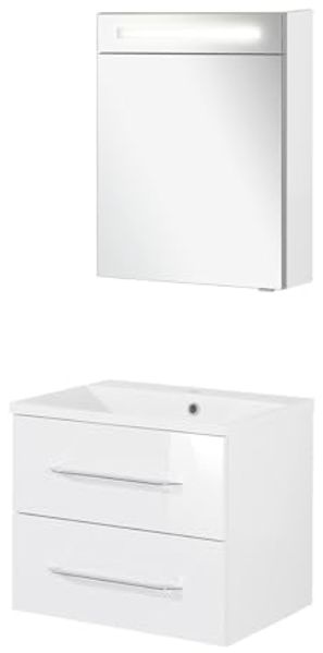 FACKELMANN B.CLEVER Waschtisch Set mit Spiegelschrank 60 cm breit, Weiß, Waschbecken Gussmarmor Weiß