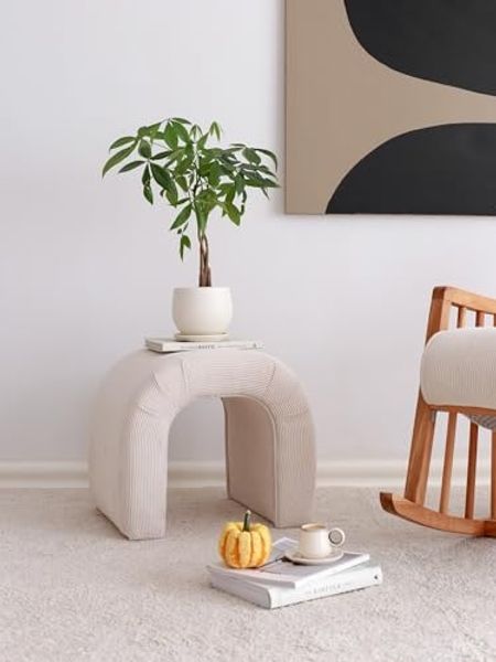Atelier Del Sofa Elegant Pouffe in White, Velvet Corduroy, 51 x 45 x 46 cm | 100% Polyester, Beech Tree Frame | Stylish & Functional for Modern Living Spaces