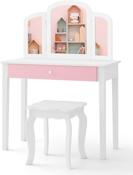 COSTWAY Kinder 2in1 Schminktisch Set mit dreifach klappbarem Spiegel, Schublade & Hocker, Holz weiß, 34 x 70 x 95,5 cm
