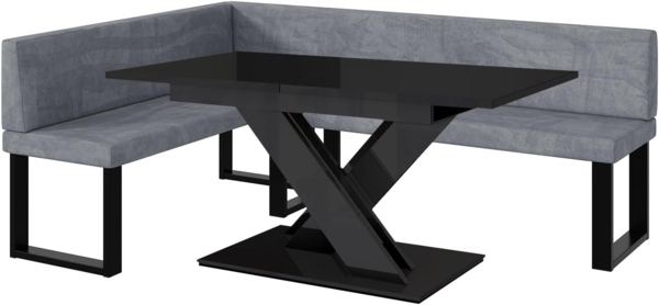 MEBLINI Eckbank für Esszimmer mit ausziehbarem Tisch - Küchenbank - Essecke - Sitzecke Küche - TONI - U-Beine 142x196x87cm Links - Grau Samt/B Schwarz Hochgl.