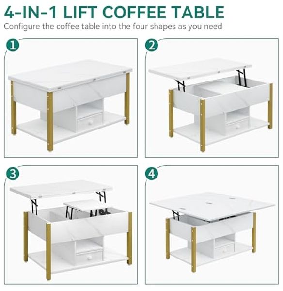 YITAHOME Couchtisch mit Höhenverstellbarer, 4-in-1-Multifunktions-Couchtisch mit Stauraum, Couchtisch lässt Sich in einen Esstisch für das Wohnzimmer umwandeln, Weißer Marmor Bild 3