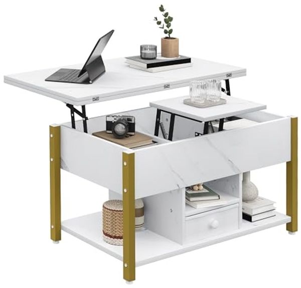 YITAHOME Couchtisch mit Höhenverstellbarer, 4-in-1-Multifunktions-Couchtisch mit Stauraum, Couchtisch lässt Sich in einen Esstisch für das Wohnzimmer umwandeln, Weißer Marmor Bild 6