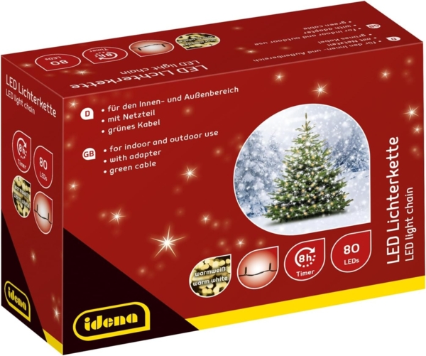 Idena LED-Lichterkette Lichterkette 80er mit warm weißen LED, für innen und außen Timer Party Deko Weihnachten