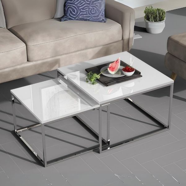 LebensWohnArt Couchtisch 2er Set Design Couchtisch MENTO weiss hochglanz 60cm Edelstahl