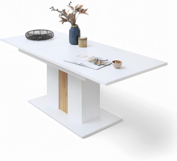 Stella Trading Memphis Esstisch ausziehbar in Weiß, Artisan Eiche Optik - Ausziehbarer Esstisch für Ihr Wohn- & Esszimmer - 160-210 x 75 x 90 cm (B/H/T)