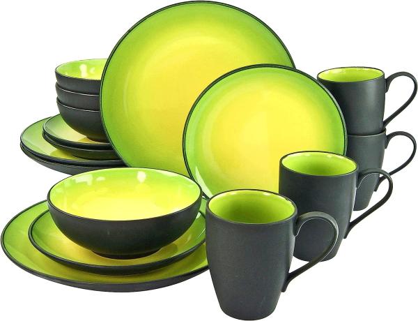 CreaTable 20220 Kombiservice Hot Green für 4 Personen, Steinzeug, rund, grün/gelb/schwarz (1 Set, 16-teilig)