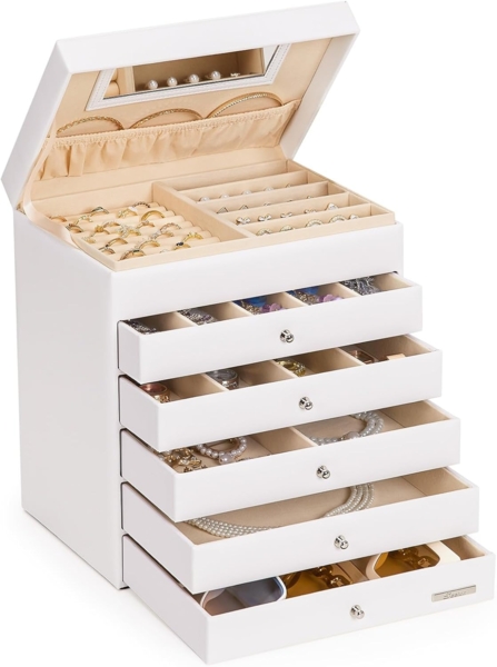 Yorbay Schmuckkasten Schmuckkästchen mit 6 Ebenen, 5 Schubladen (Mit Spiegel), zwei Farben, für Halsketten, Ringe, Armbänder, Ohrringe