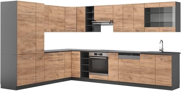 Eckküche Fame-Line Goldkraft Eiche/Anthrazit 347 x 46 cm ohne Arbeitsplatte Vicco