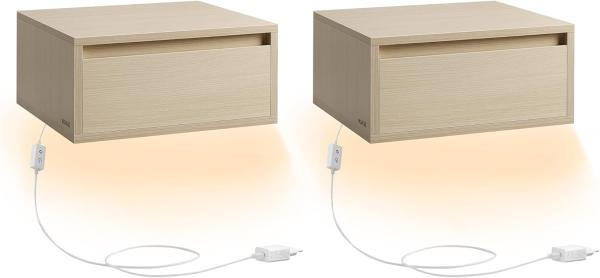 Vasagle 2er-Set Nachttisch mit Schublade, Leuchte mit 3 Farben, Holz, 35 x 40 x 18 cm, Naturbeige