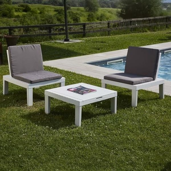 Dmora - Outdoor-Lounge-Set Cervia, Gartenkomposition mit 2 Sitzen mit Rückenlehne und 1 Multifunktionsmodul, Lounge mit Kissen, 100 % Made in Italy, Weiß