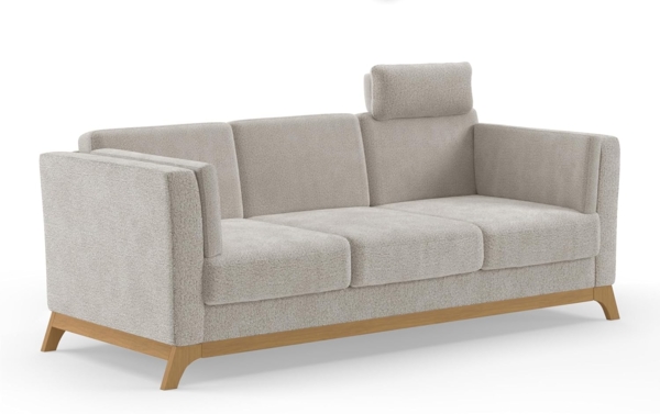 Cavadore 3er-Sofa Vida / 3-Sitzer Couch im trendigen Design mit massivem Holzrahmen in Eiche, Kopfstütze mit Kuschelkissen / 213 x 84 x 93 / Chenille, Naturweiß