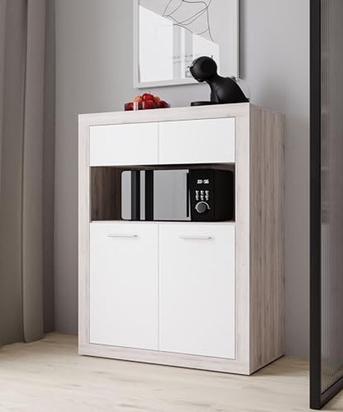 Forte BACCIO Schrank 90 100, modernes Highboard für Wohn-/Esszimmer, 4-türig, offenes Fach, Holzwerkstoff, Sandeiche Holzdekor|Weiß, 93 cm breit x 136,7 cm hoch x 51,7 cm tief