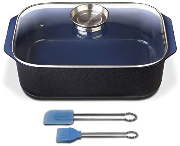 GSW 800419 Ceramica Kobaltblau Induktion Rechteckbräter mit Aroma-Glasdeckel 40 x 26 x 11 cm / ca. 8,0 Liter-inkl. Backpinsel-Set 2-teilig, Aluguss, schwarz/blau, 40 cm, 4-Einheiten