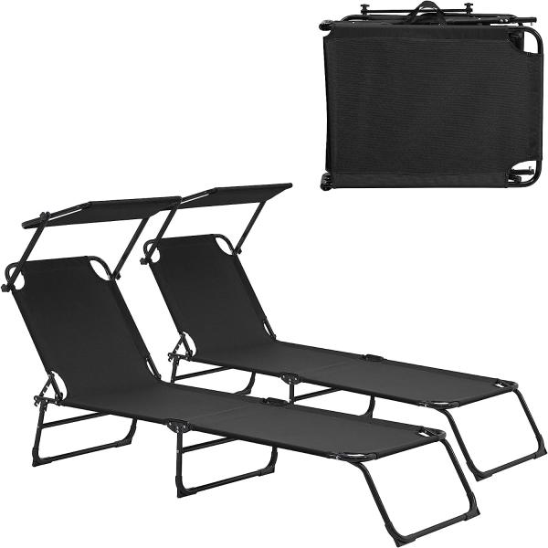 2er Set Sonnenliege Lomeda mit Sonnendach 187x53x27cm Schwarz [casa. pro]