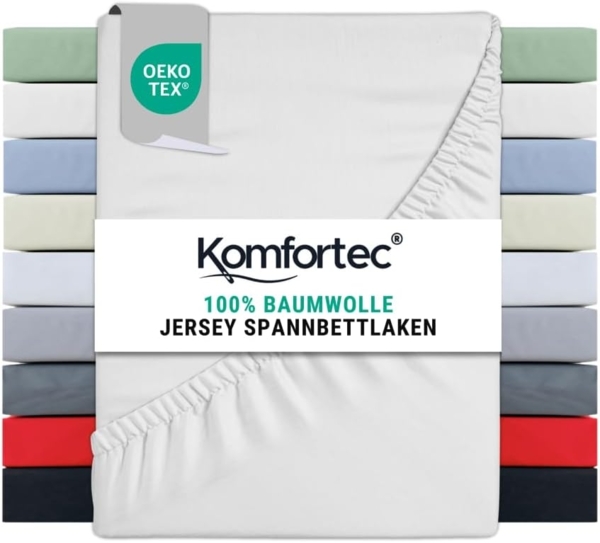 Komfortec Spannbettlaken Jersey 100% Baumwolle – 140x200 cm – 135g/m² – Weich, Atmungsaktiv & Hautfreundlich – Mit Rundumgummi – Oeko-Tex Zertifiziert – Für Boxspring, Topper & Matratzen – Weiß