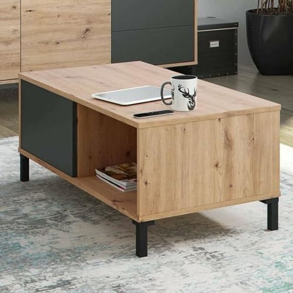 Dmora - Evansville Couchtisch, Couchtisch, Niedriger Wohnzimmertisch, 100x50h40 cm, geknotete Eiche und Anthrazit