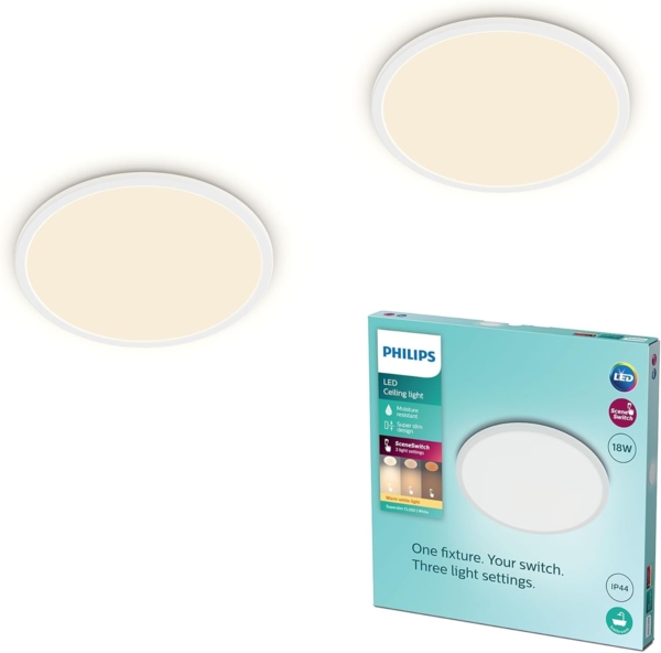 Philips LED Badezimmer Deckenleuchte Superslim, weiß, 18W, warmweißes Licht 2.700K, 3 Lichteinstellungen - dimmen ohne Dimmer, IP44 Schutz, Doppelpack