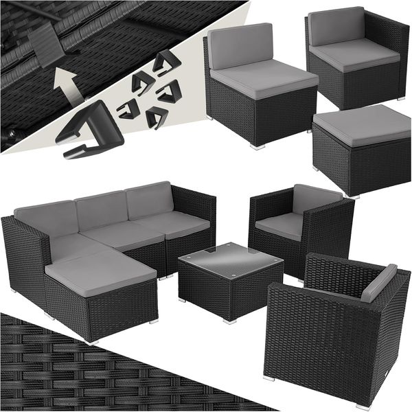 tectake® Poly Rattan Lounge, Outdoor Sitzgruppe, Set mit Sofa, 2 Sesseln, Hocker, Tisch, frei kombinierbar, Gartenmöbel für 5-6 Personen, für Garten Terrasse Balkon, inkl. Polster - schwarz