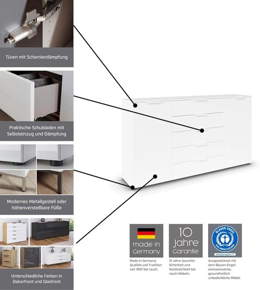 Rauch Möbel Flipp, Kommode für Schlafzimmer, Kinderzimmer, Wohnzimmer, Flur, Garderobe, 2-türig, 5 Schubladen, mit Softclose-Funktion, Farbe Eiche Artisan, Holz/Graphit, Schwarz, Breite 160 cm Bild 4