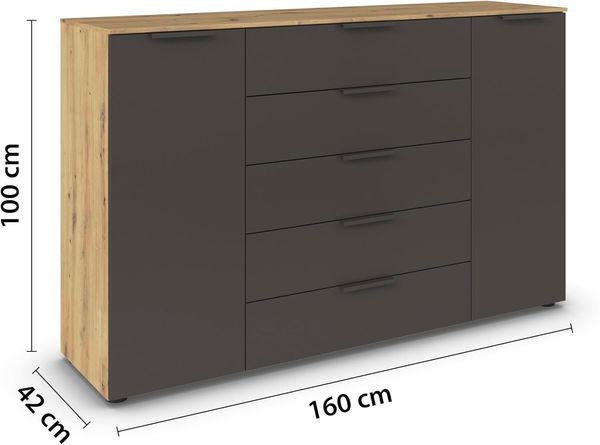 Rauch Möbel Flipp, Kommode für Schlafzimmer, Kinderzimmer, Wohnzimmer, Flur, Garderobe, 2-türig, 5 Schubladen, mit Softclose-Funktion, Farbe Eiche Artisan, Holz/Graphit, Schwarz, Breite 160 cm Bild 3